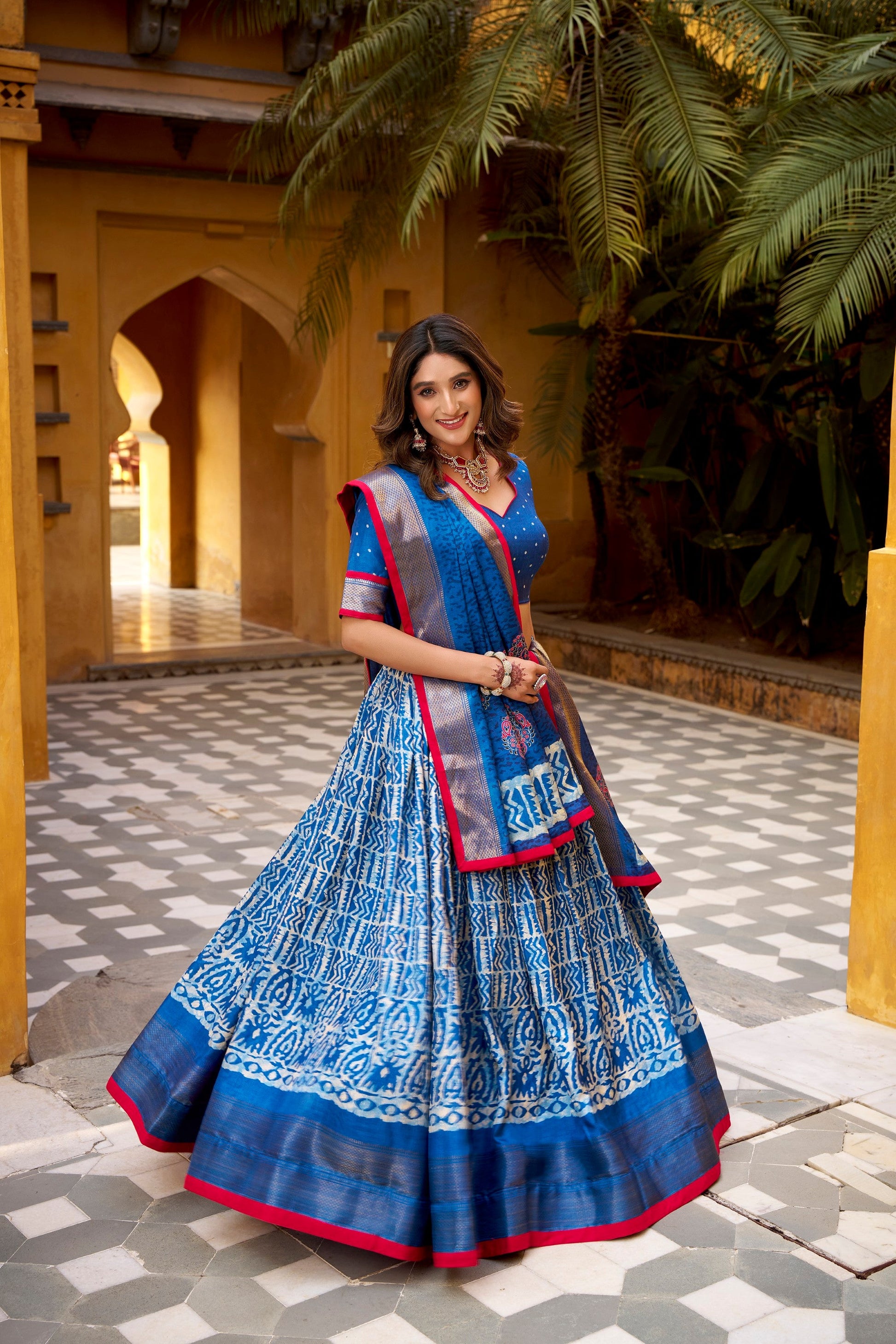 Lorenvalley Fashion Blue Dola Silk Batik Print with Zari Weaving Work Lehenga Choli with Dupatta - Swadesiicart