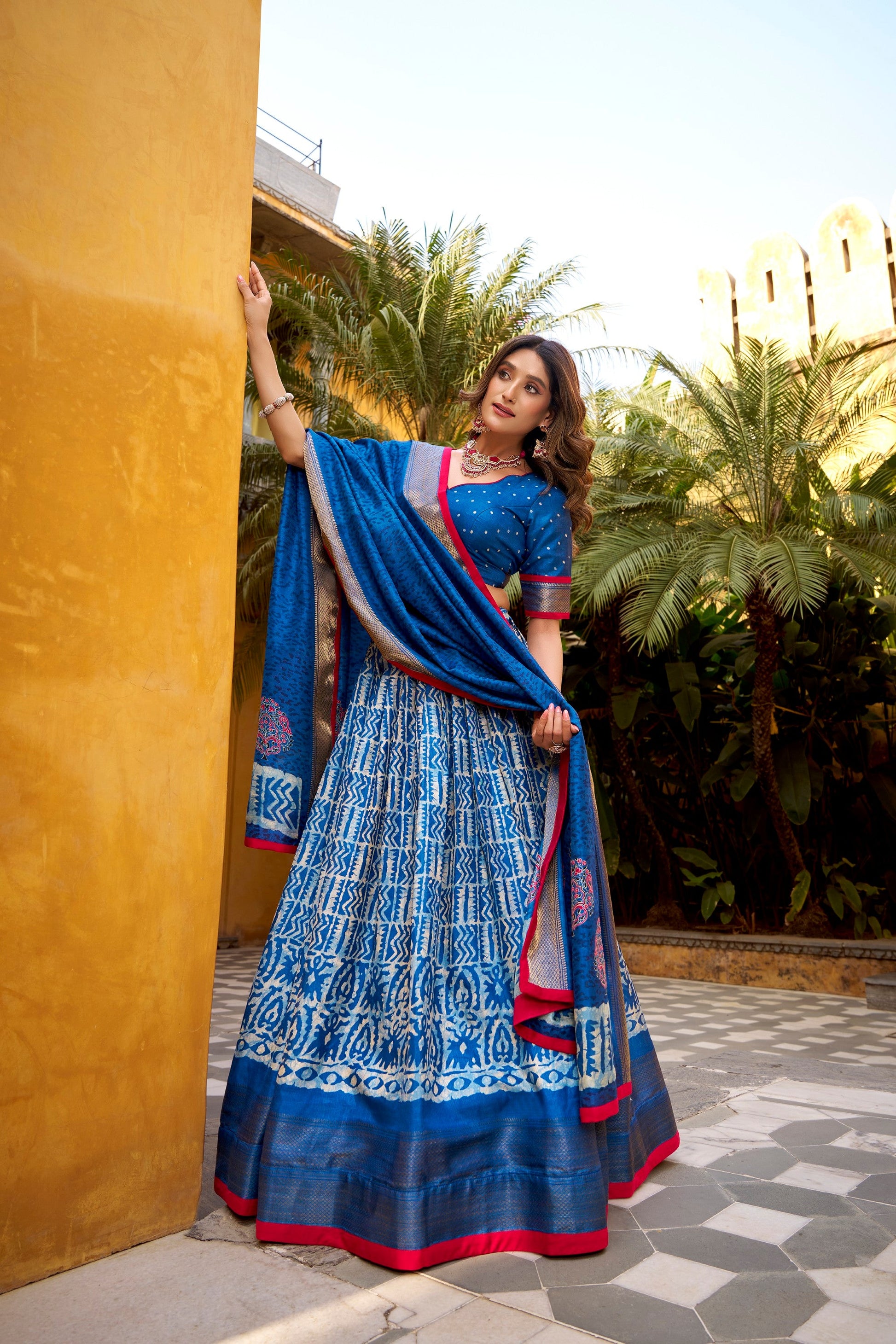 Lorenvalley Fashion Blue Dola Silk Batik Print with Zari Weaving Work Lehenga Choli with Dupatta - Swadesiicart
