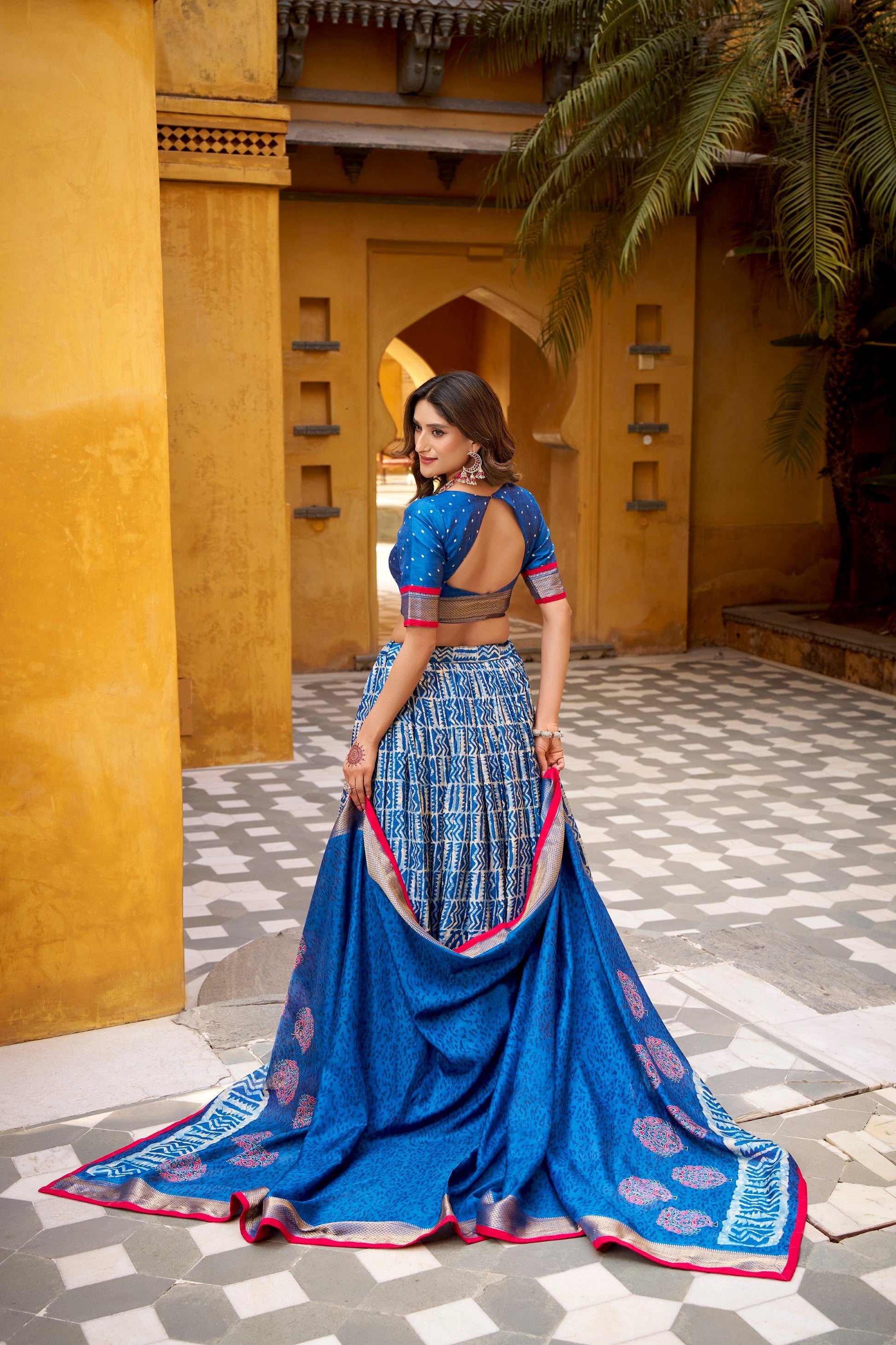 Lorenvalley Fashion Blue Dola Silk Batik Print with Zari Weaving Work Lehenga Choli with Dupatta - Swadesiicart