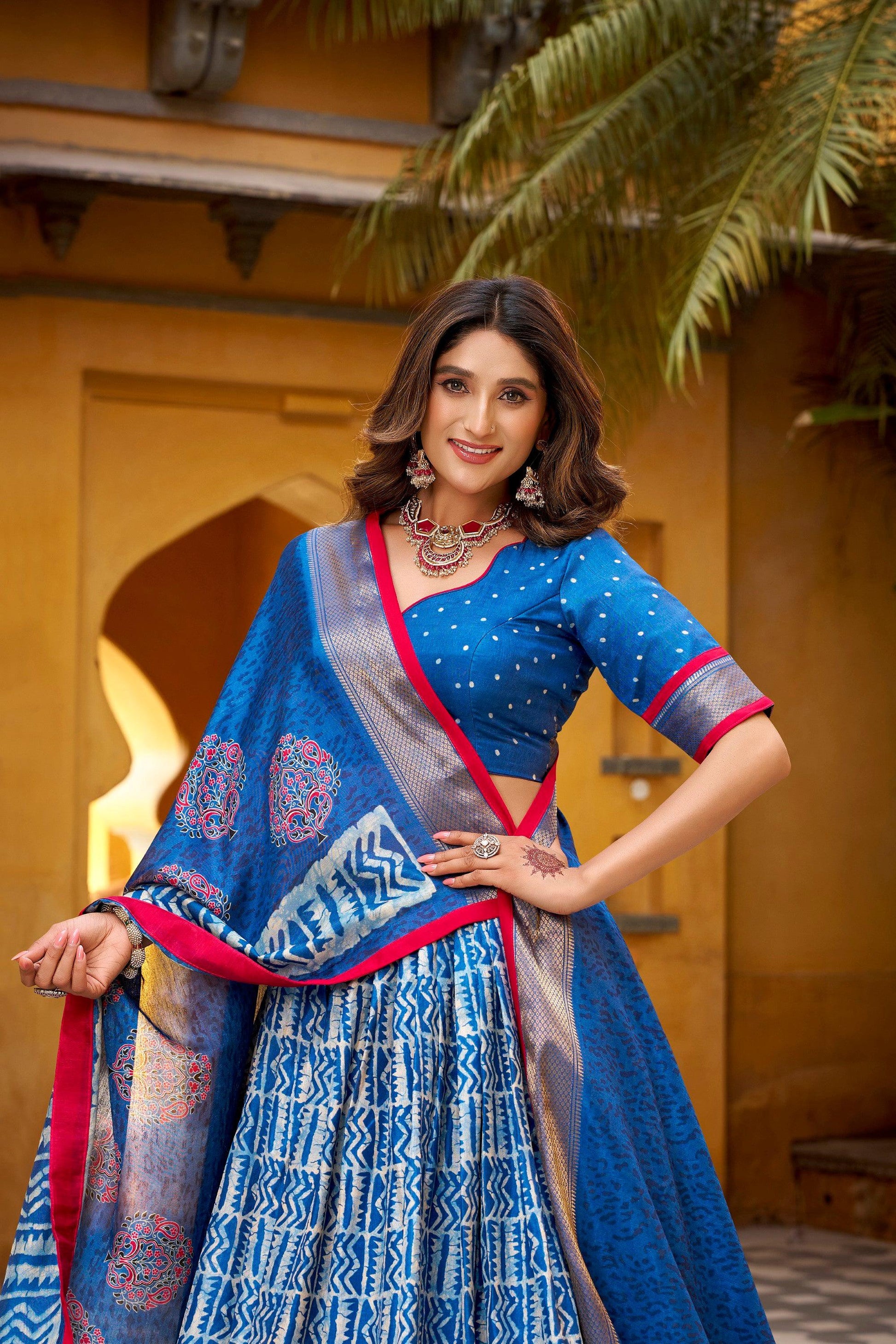 Lorenvalley Fashion Blue Dola Silk Batik Print with Zari Weaving Work Lehenga Choli with Dupatta - Swadesiicart