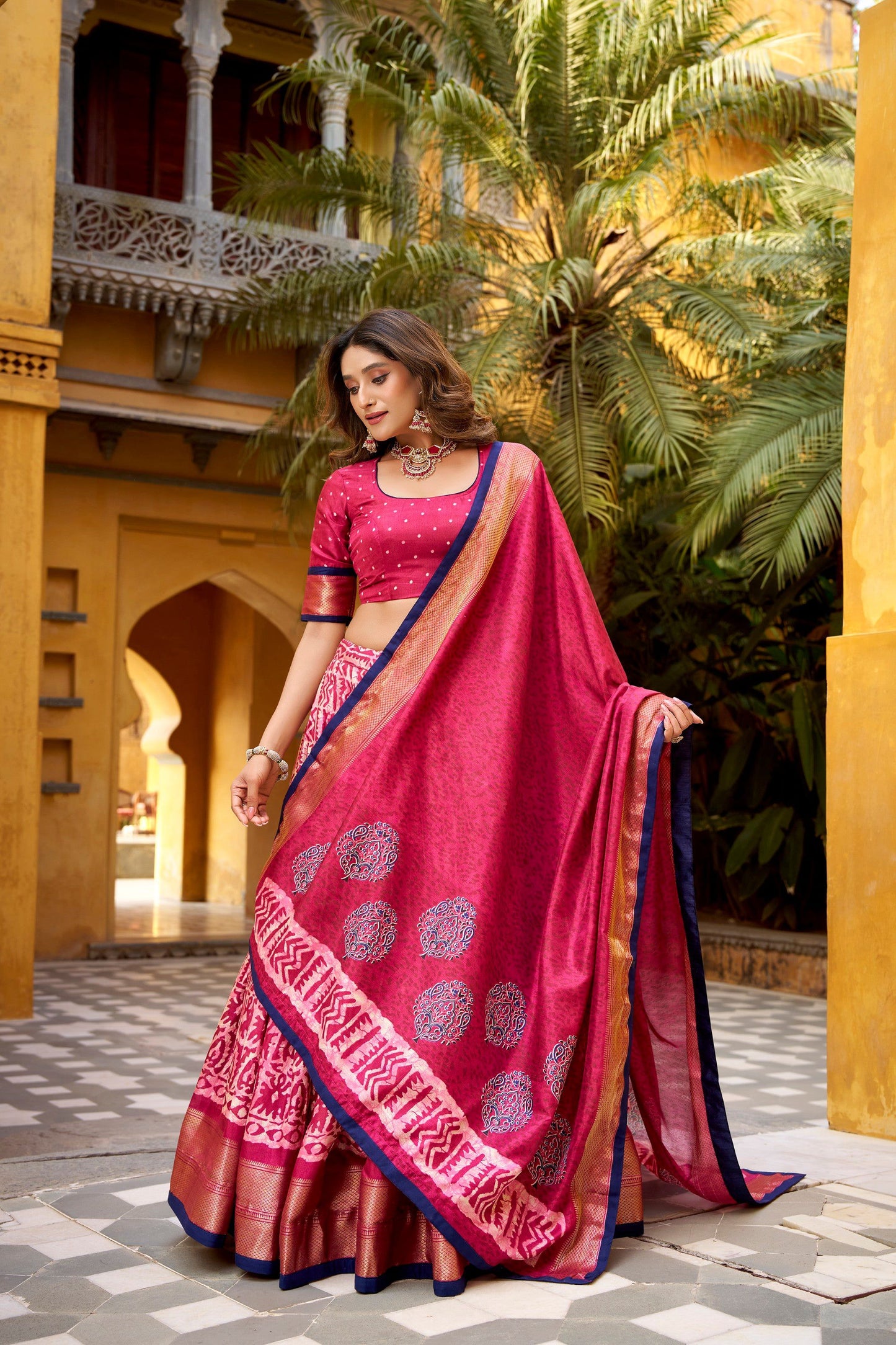 Lorenvalley Fashion Gajari Dola Silk Batik Print with Zari Weaving Work Lehenga Choli with Dupatta - Swadesiicart