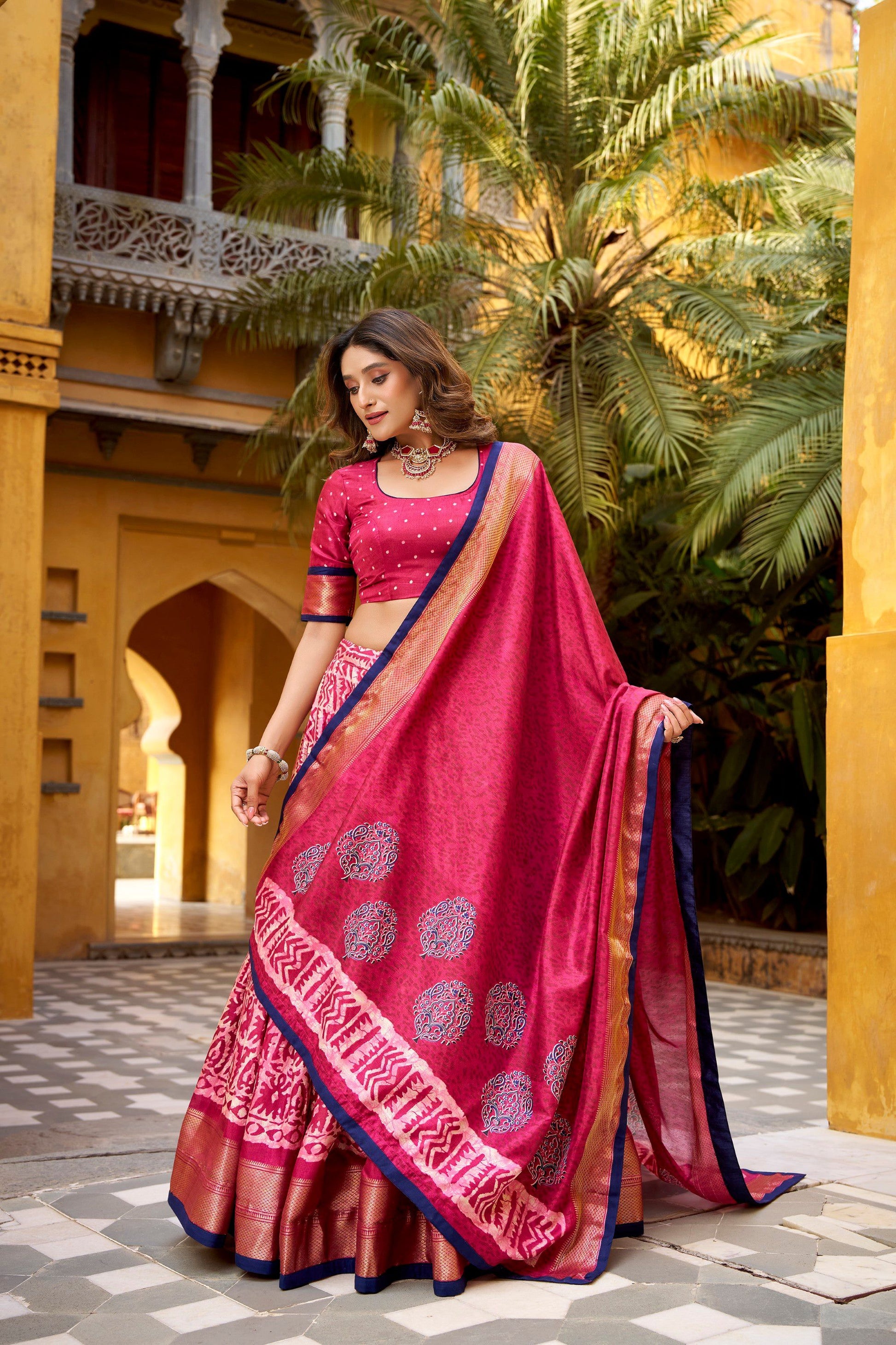 Lorenvalley Fashion Gajari Dola Silk Batik Print with Zari Weaving Work Lehenga Choli with Dupatta - Swadesiicart