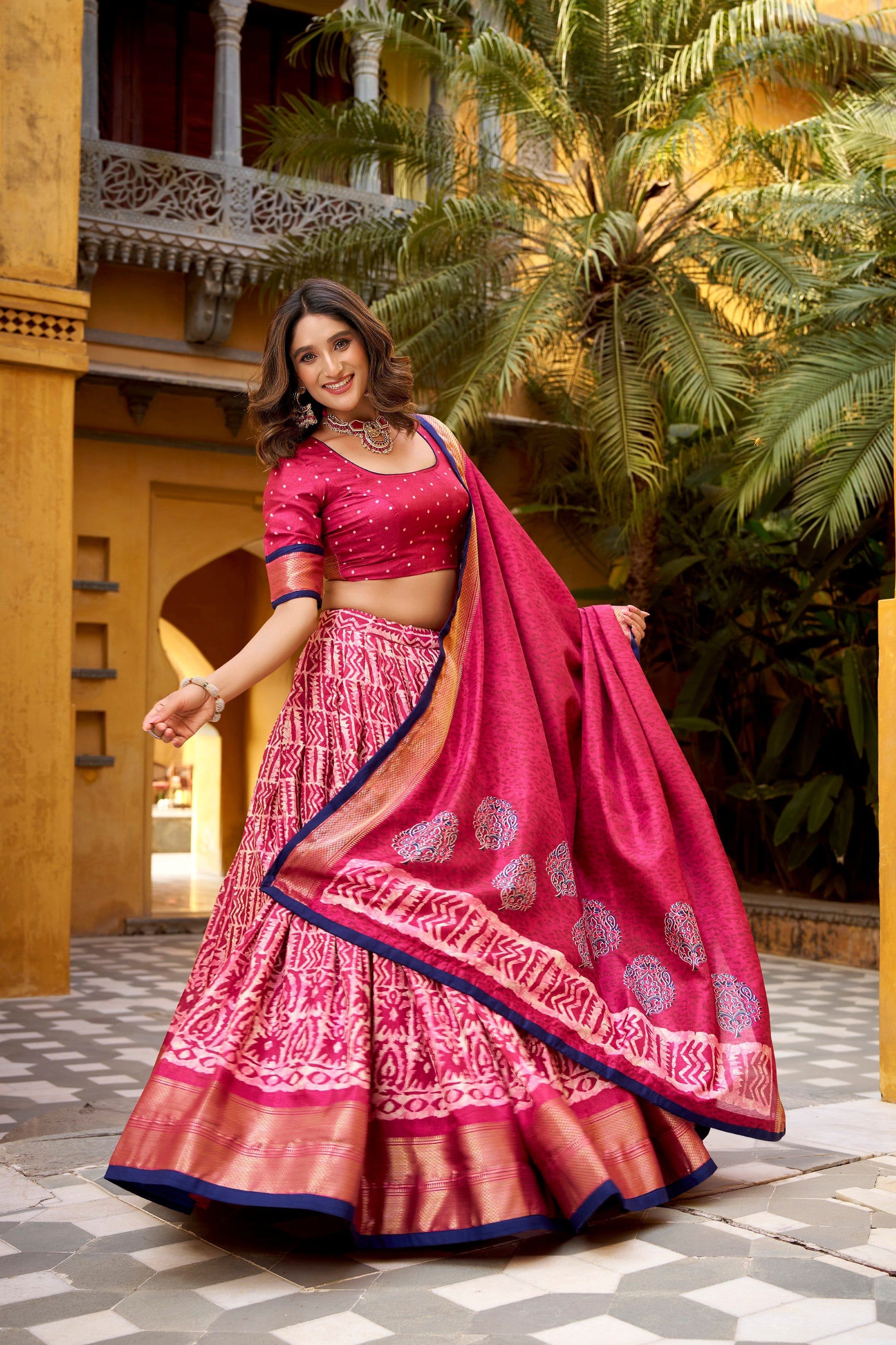 Lorenvalley Fashion Gajari Dola Silk Batik Print with Zari Weaving Work Lehenga Choli with Dupatta - Swadesiicart