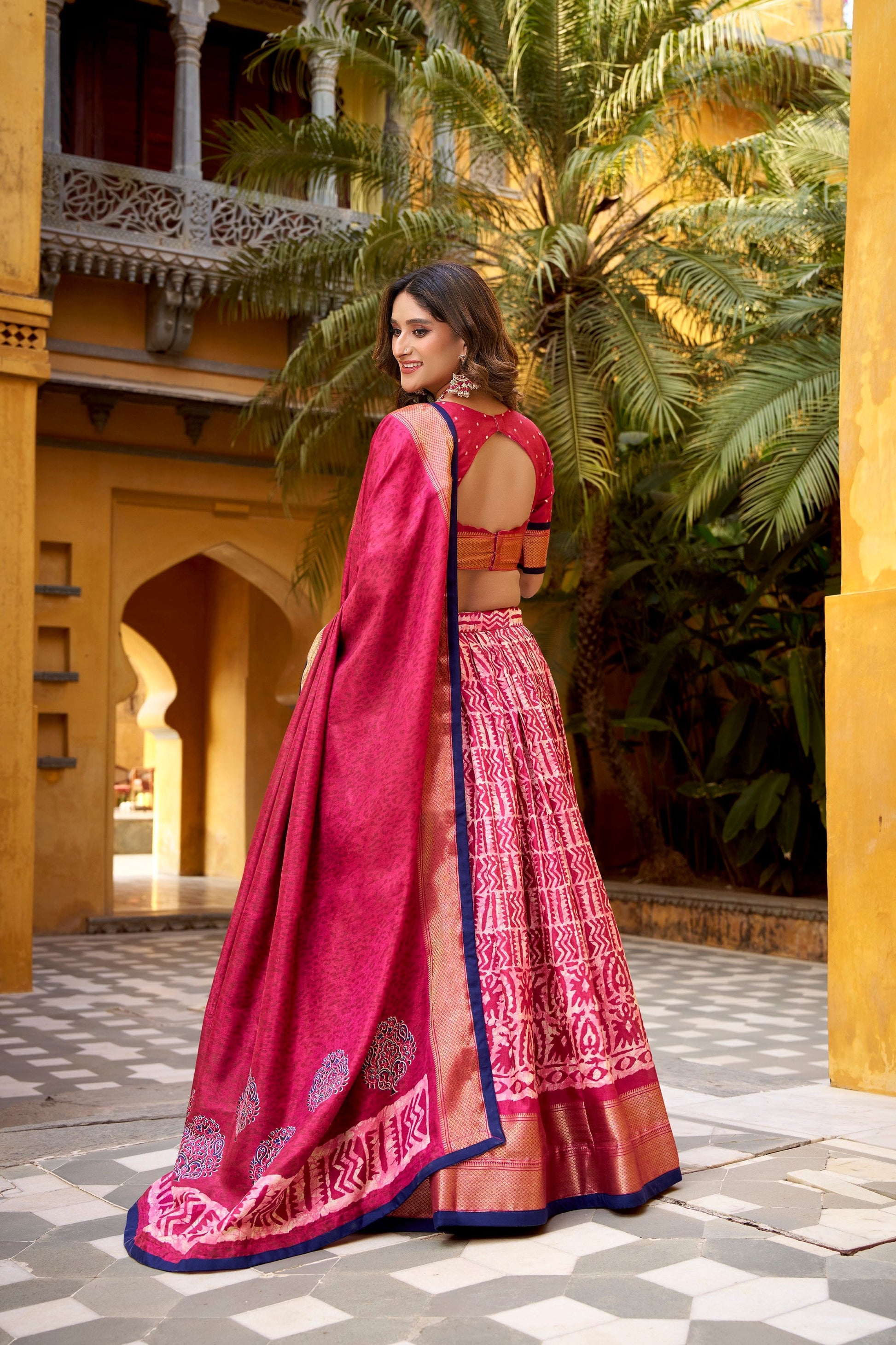 Lorenvalley Fashion Gajari Dola Silk Batik Print with Zari Weaving Work Lehenga Choli with Dupatta - Swadesiicart