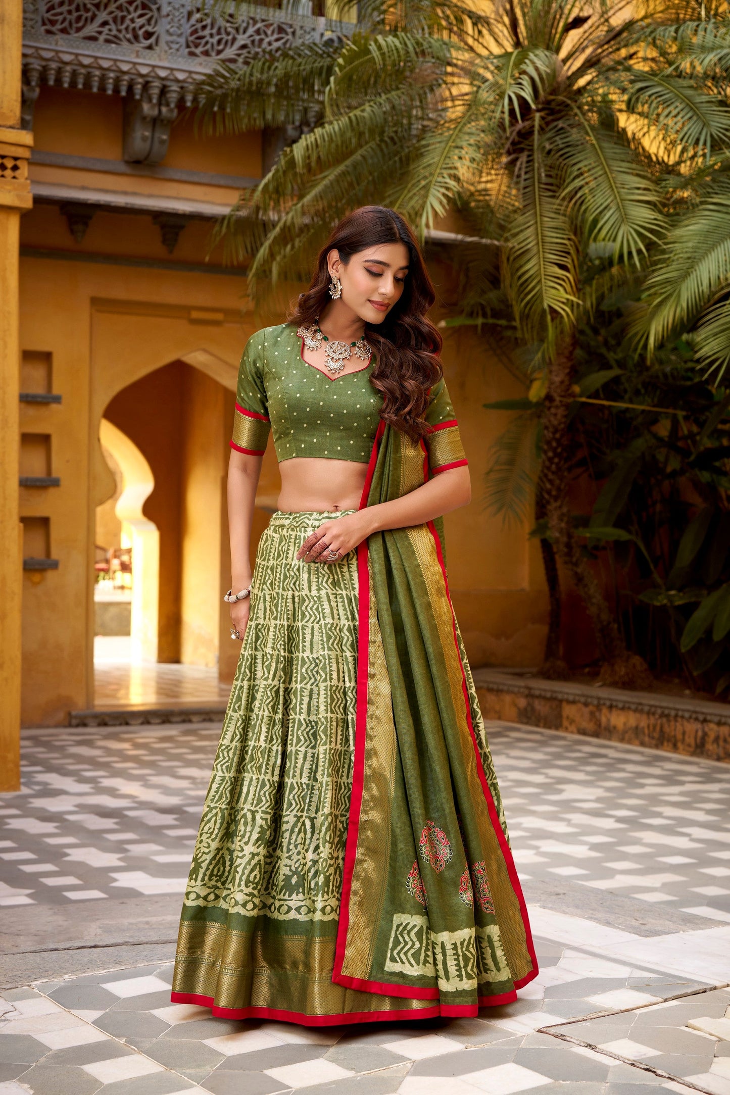 Lorenvalley Fashion Mehendi Dola Silk Batik Print with Zari Weaving Work Lehenga Choli with Dupatta - Swadesiicart