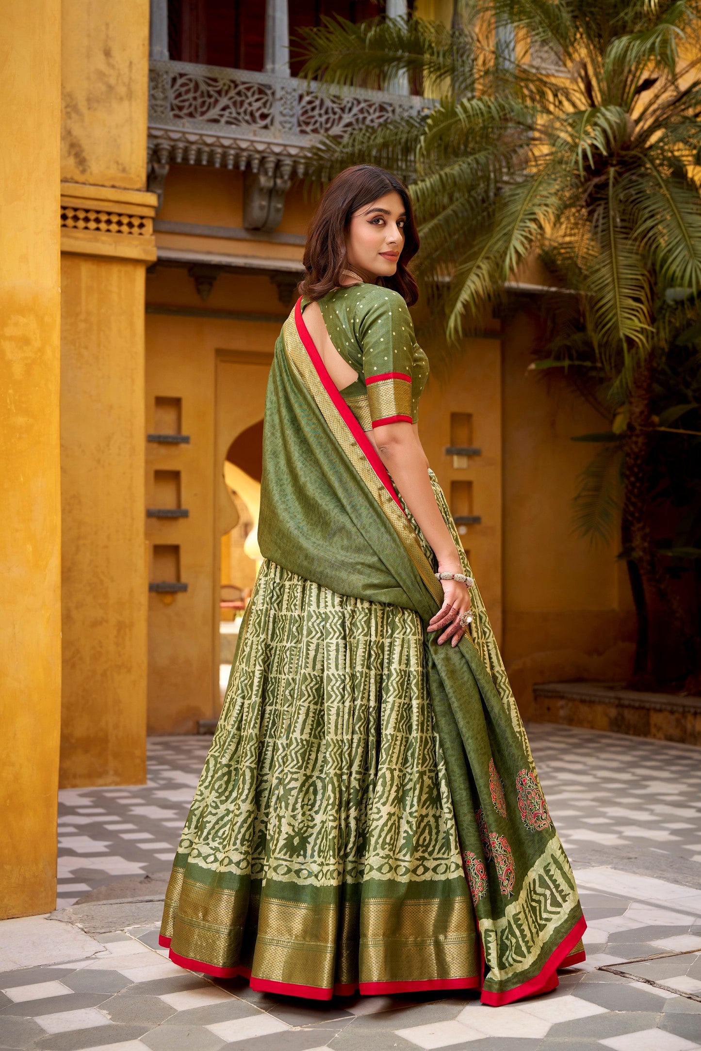 Lorenvalley Fashion Mehendi Dola Silk Batik Print with Zari Weaving Work Lehenga Choli with Dupatta - Swadesiicart