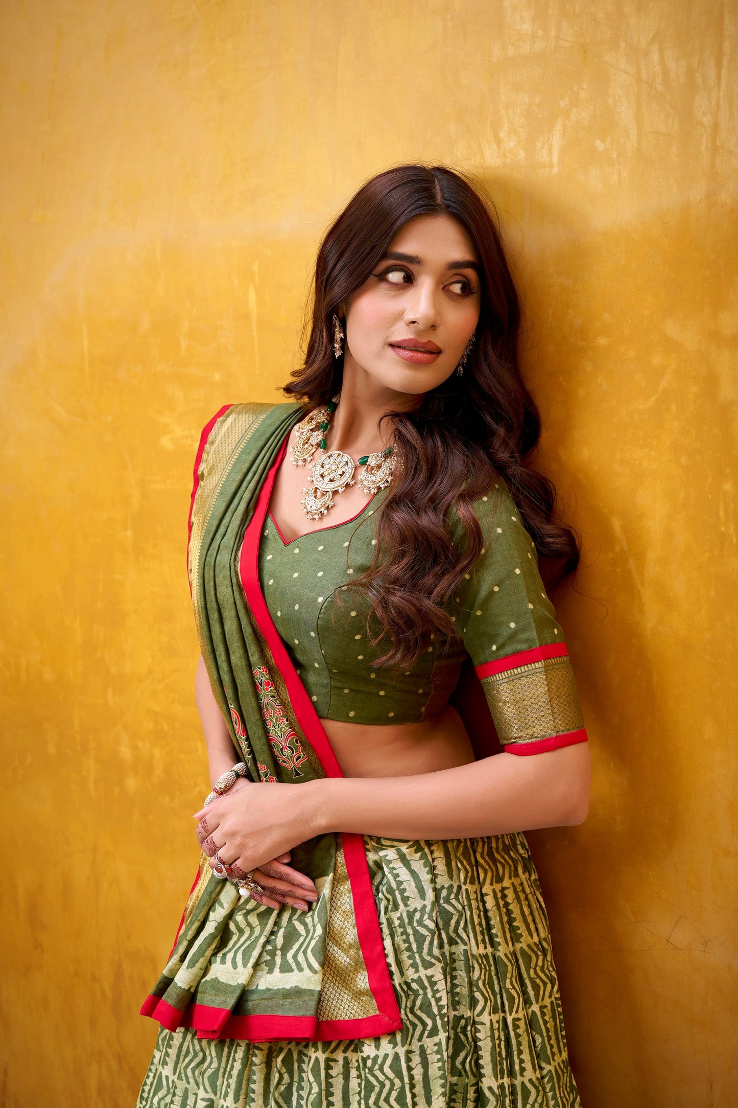 Lorenvalley Fashion Mehendi Dola Silk Batik Print with Zari Weaving Work Lehenga Choli with Dupatta - Swadesiicart