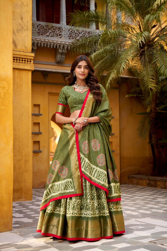 Lorenvalley Fashion Mehendi Dola Silk Batik Print with Zari Weaving Work Lehenga Choli with Dupatta - Swadesiicart