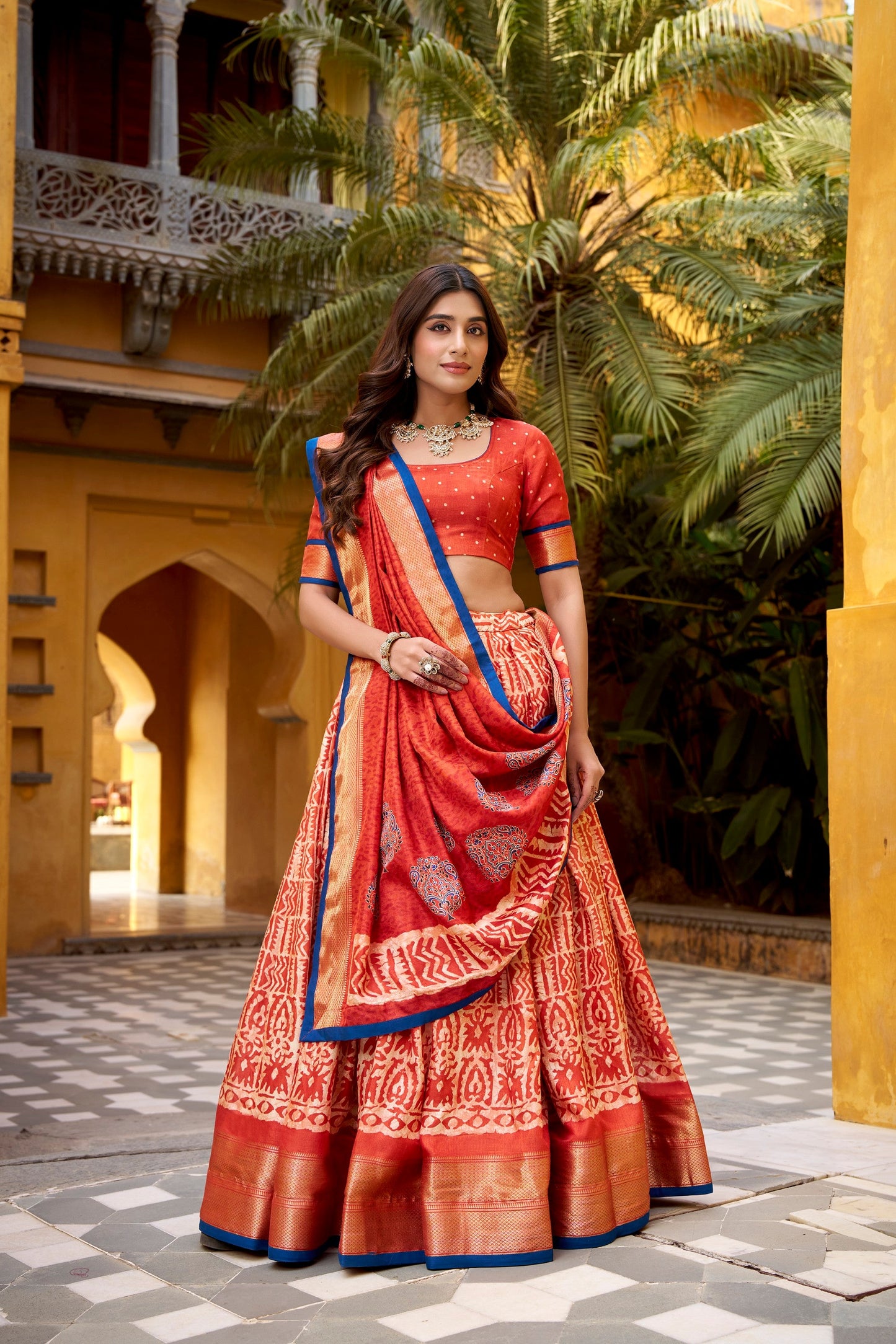Lorenvalley Fashion Rust Dola Silk Batik Print with Zari Weaving Work Lehenga Choli with Dupatta - Swadesiicart