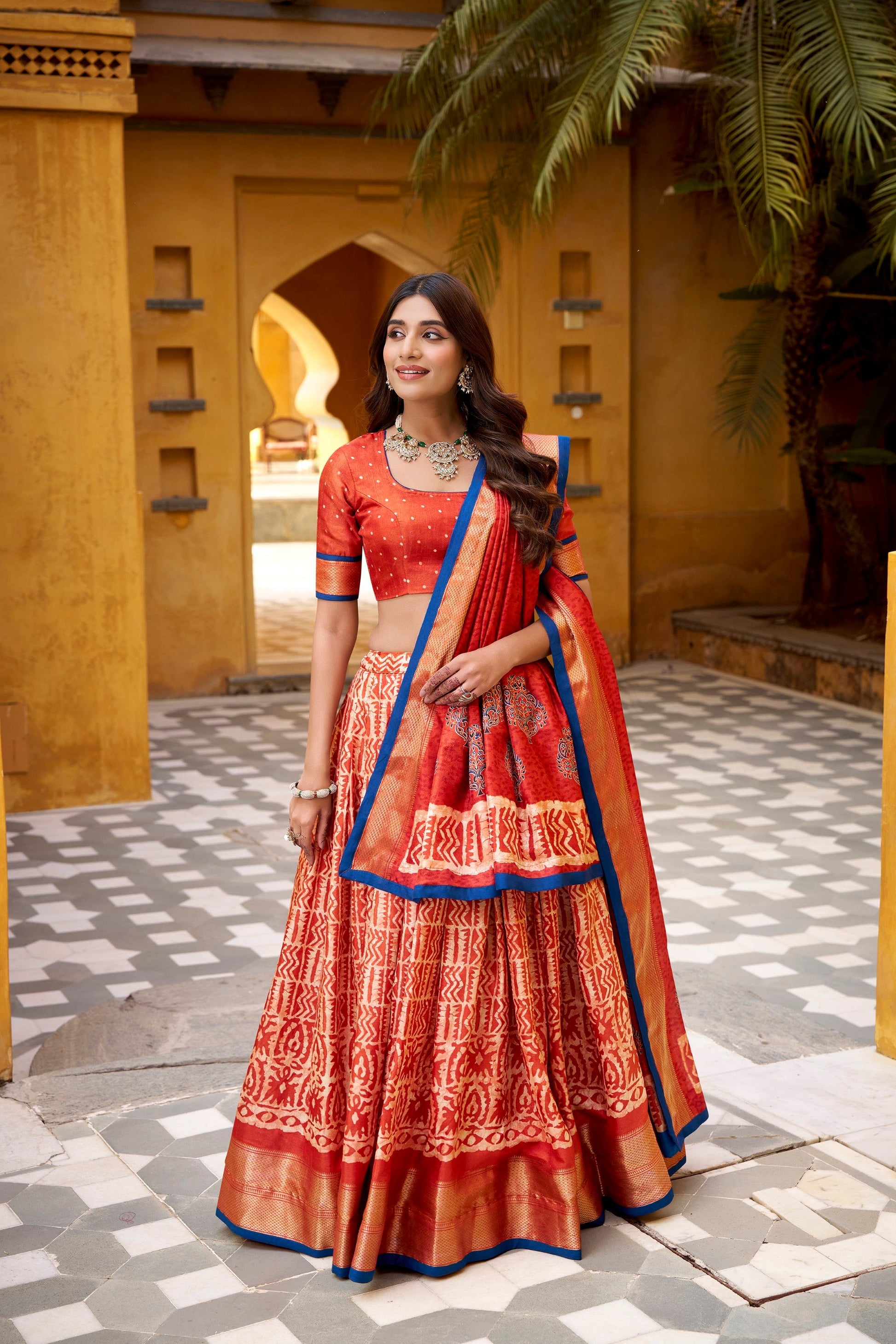 Lorenvalley Fashion Rust Dola Silk Batik Print with Zari Weaving Work Lehenga Choli with Dupatta - Swadesiicart