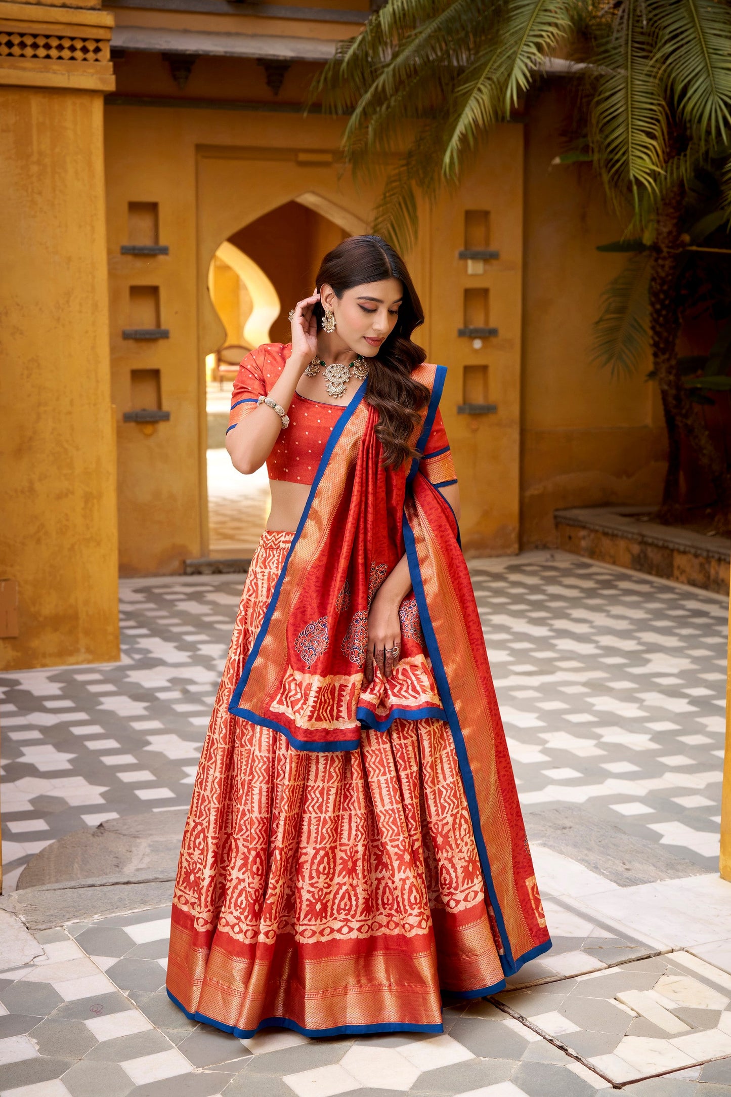 Lorenvalley Fashion Rust Dola Silk Batik Print with Zari Weaving Work Lehenga Choli with Dupatta - Swadesiicart