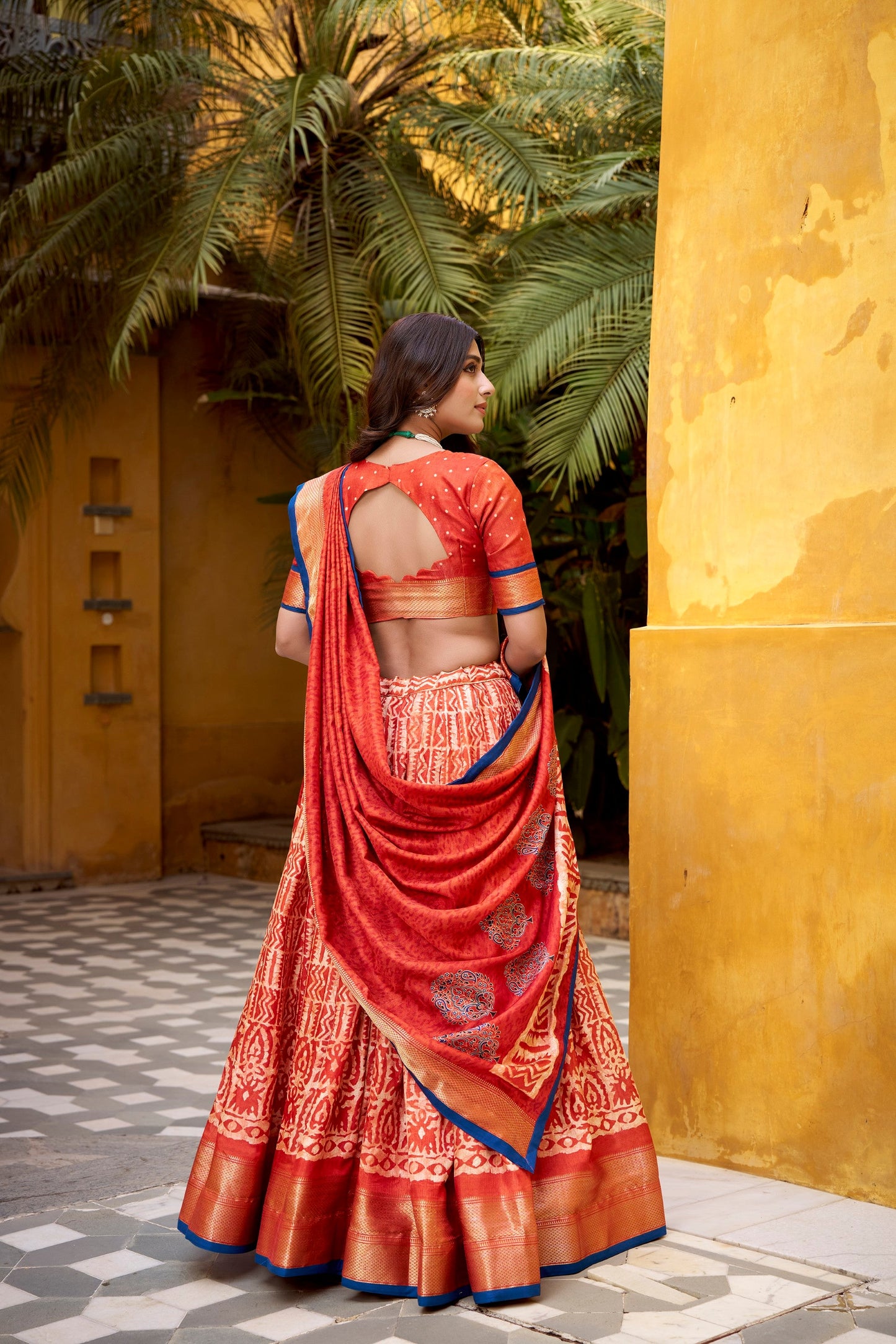 Lorenvalley Fashion Rust Dola Silk Batik Print with Zari Weaving Work Lehenga Choli with Dupatta - Swadesiicart