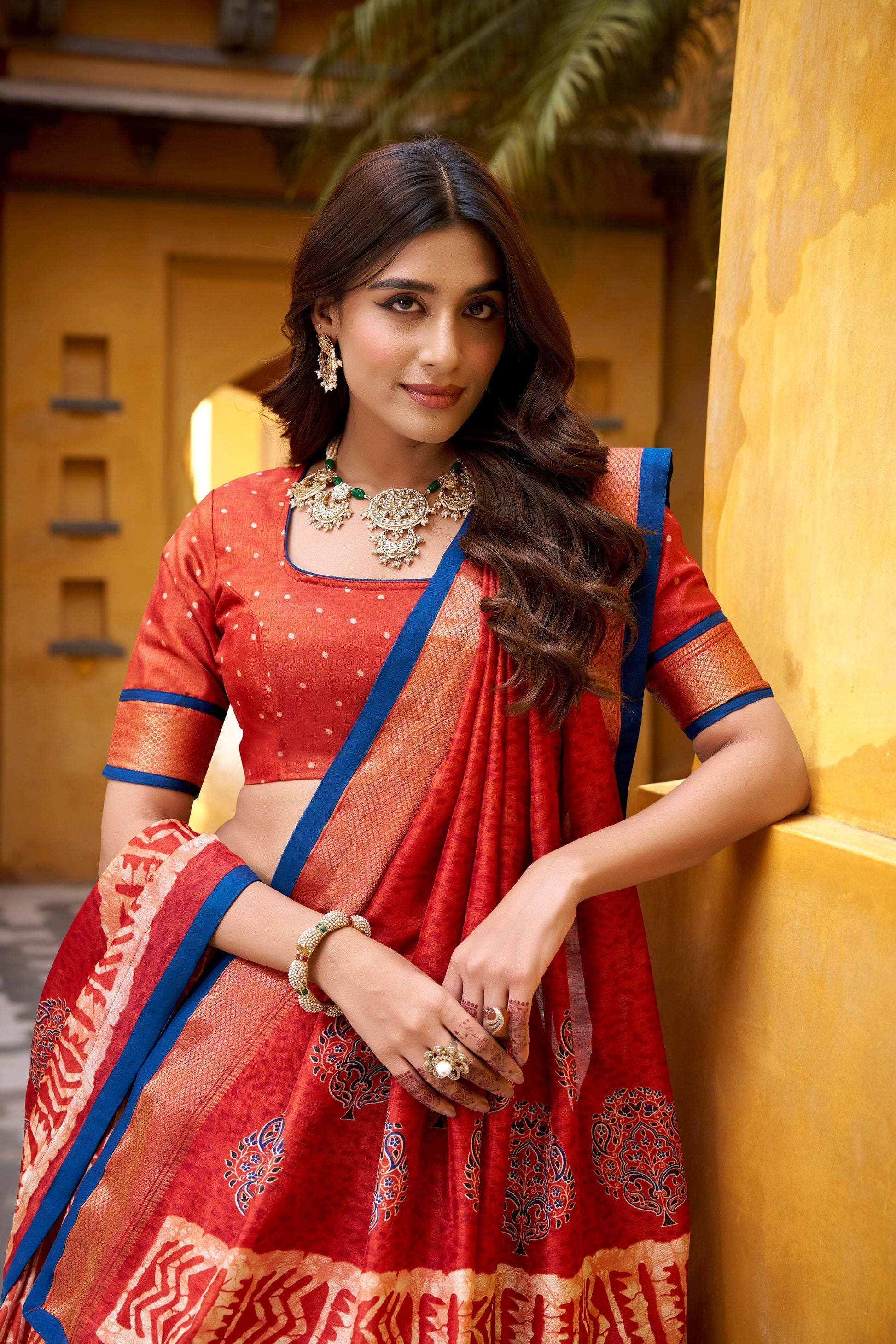 Lorenvalley Fashion Rust Dola Silk Batik Print with Zari Weaving Work Lehenga Choli with Dupatta - Swadesiicart