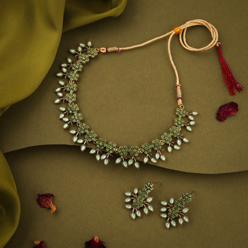 Tehzeeb Creations Sea Green Pack of 1 Gold-Polished Choker Necklace Set With Earring For Women & Girls - Swadesiicart