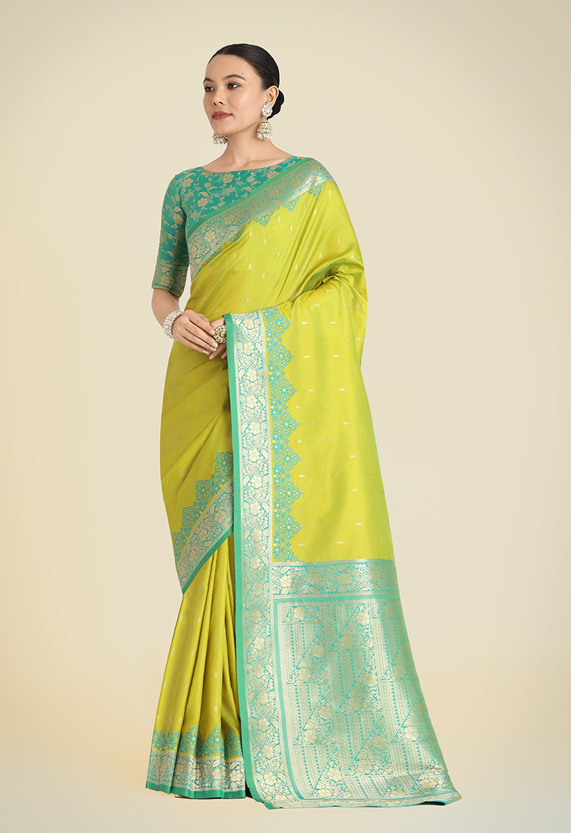 Monjolika Fashion Banarasi Silk Parrot Green Color Weaving Designer Saree | Swadesiicart