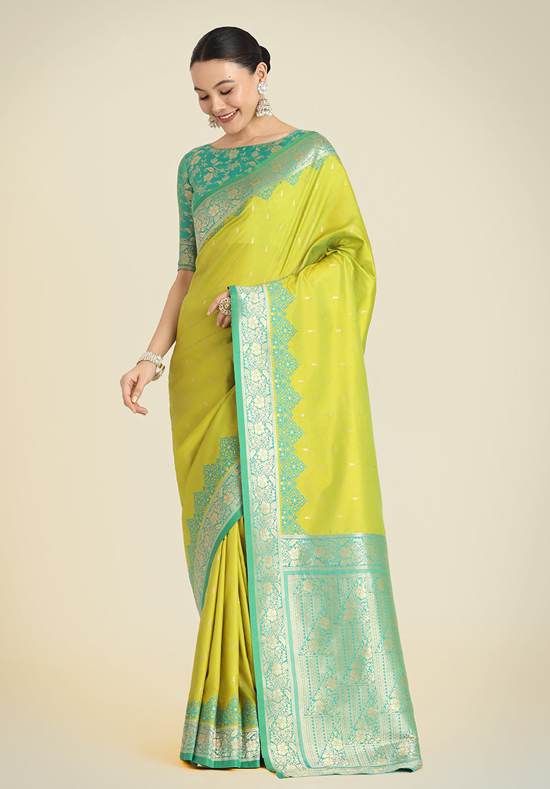 Monjolika Fashion Banarasi Silk Parrot Green Color Weaving Designer Saree | Swadesiicart
