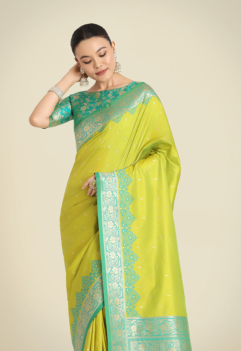 Monjolika Fashion Banarasi Silk Parrot Green Color Weaving Designer Saree | Swadesiicart