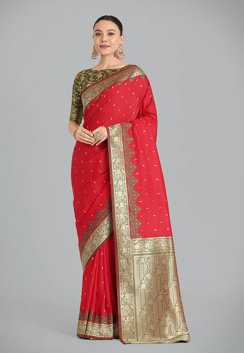 Monjolika Fashion Banarasi Silk Red Color Weaving Designer Saree | Swadesiicart