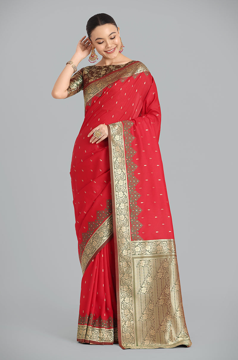 Monjolika Fashion Banarasi Silk Red Color Weaving Designer Saree | Swadesiicart
