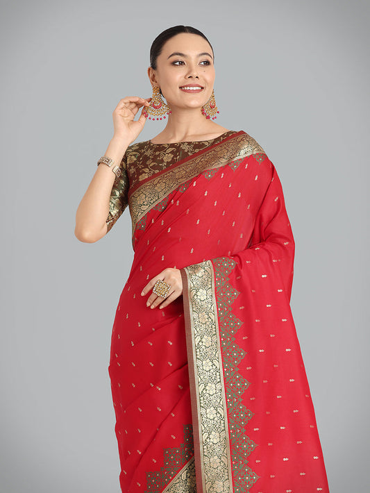 Monjolika Fashion Banarasi Silk Red Color Weaving Designer Saree | Swadesiicart