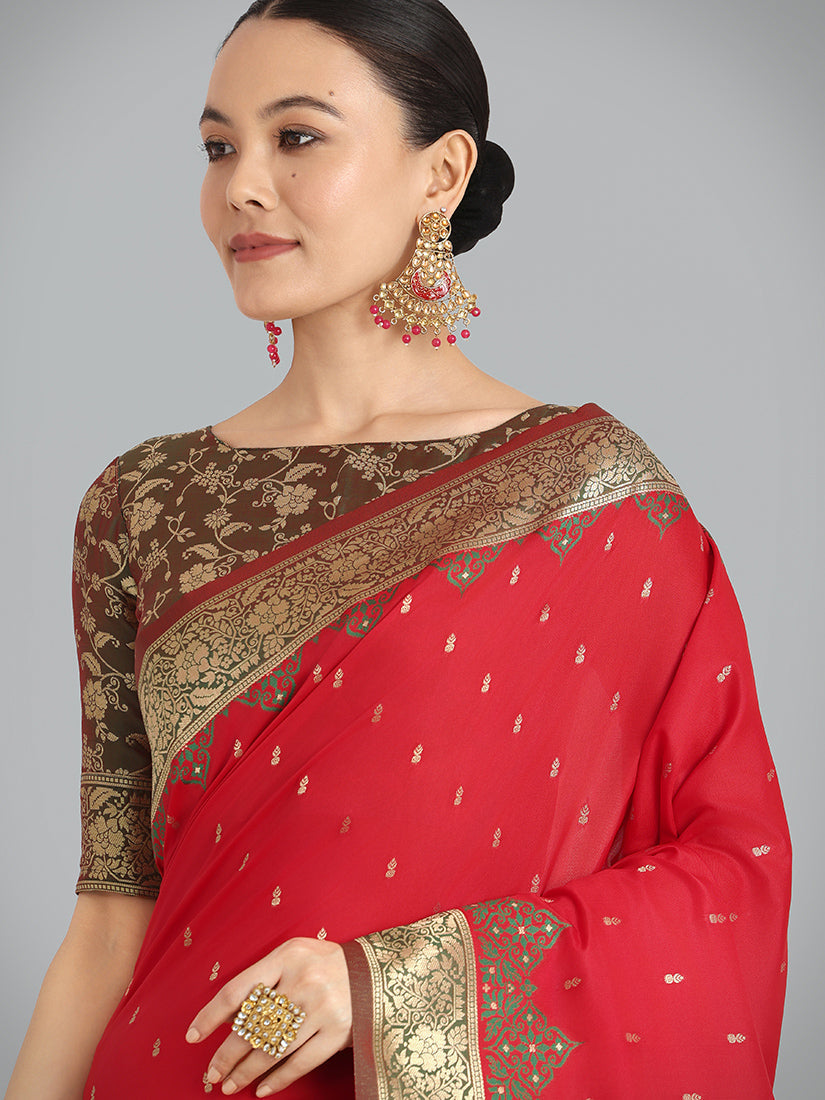 Monjolika Fashion Banarasi Silk Red Color Weaving Designer Saree | Swadesiicart
