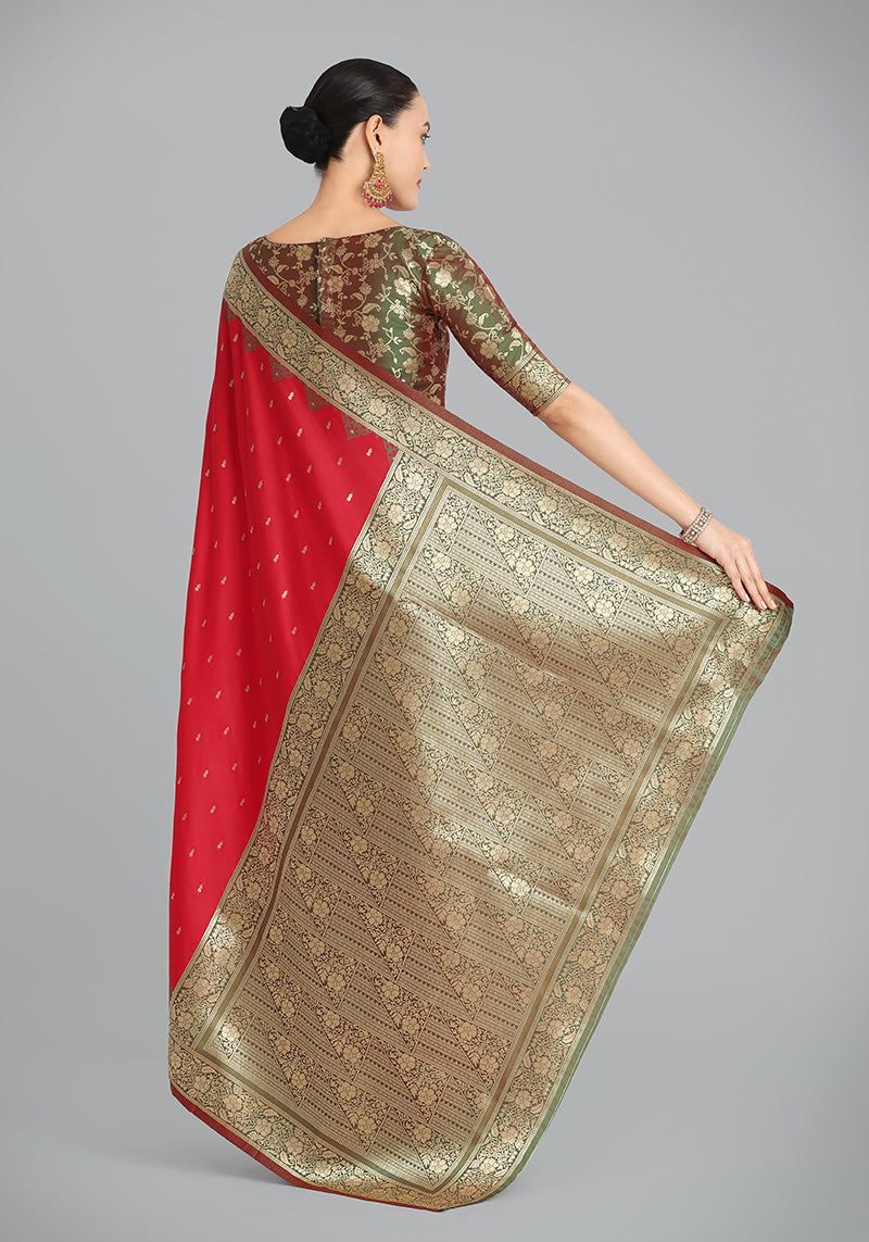 Monjolika Fashion Banarasi Silk Red Color Weaving Designer Saree | Swadesiicart