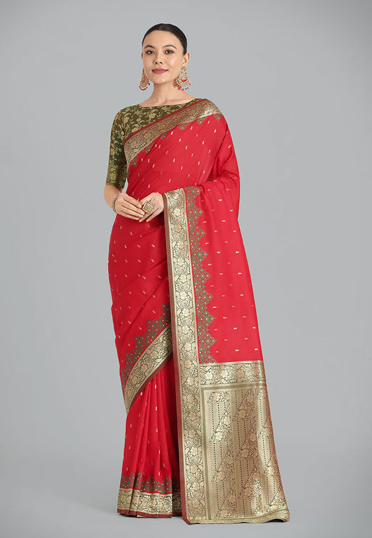 Monjolika Fashion Banarasi Silk Red Color Weaving Designer Saree | Swadesiicart