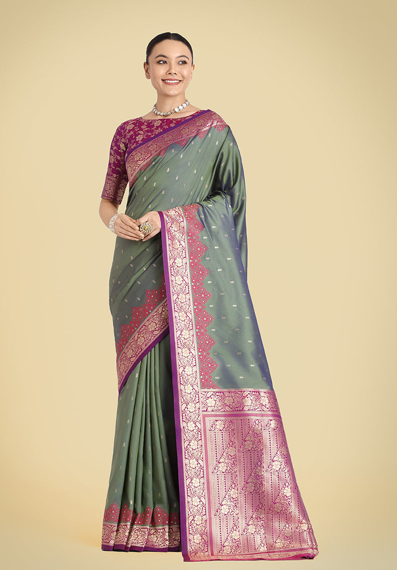 Monjolika Fashion Banarasi Silk Olive Green Color Weaving Designer Saree | Swadesiicart