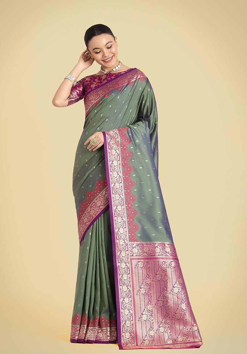 Monjolika Fashion Banarasi Silk Olive Green Color Weaving Designer Saree | Swadesiicart