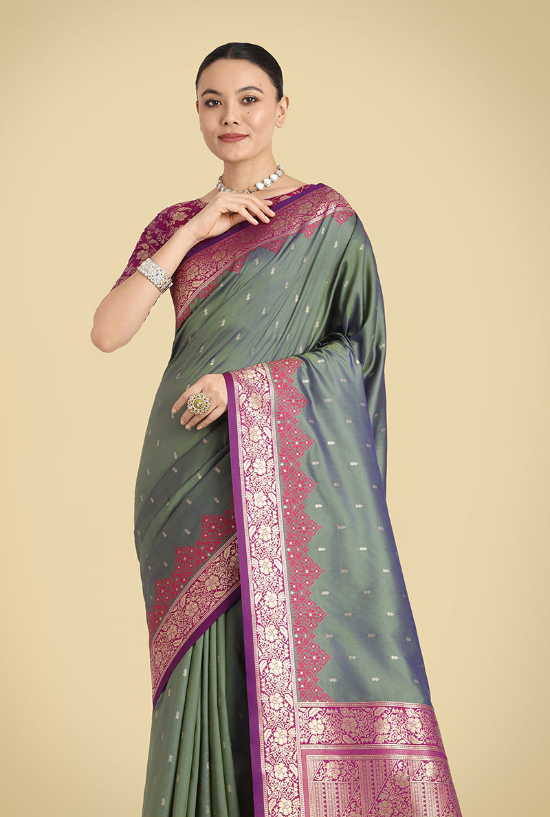Monjolika Fashion Banarasi Silk Olive Green Color Weaving Designer Saree | Swadesiicart