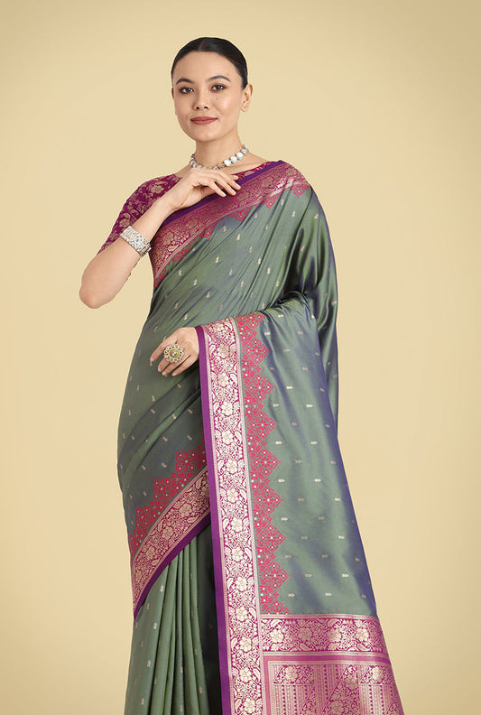 Monjolika Fashion Banarasi Silk Olive Green Color Weaving Designer Saree | Swadesiicart