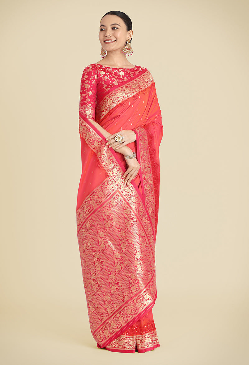 Monjolika Fashion Banarasi Silk Coral Pink Color Weaving Designer Saree | Swadesiicart