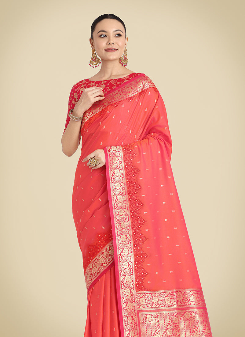 Monjolika Fashion Banarasi Silk Coral Pink Color Weaving Designer Saree | Swadesiicart