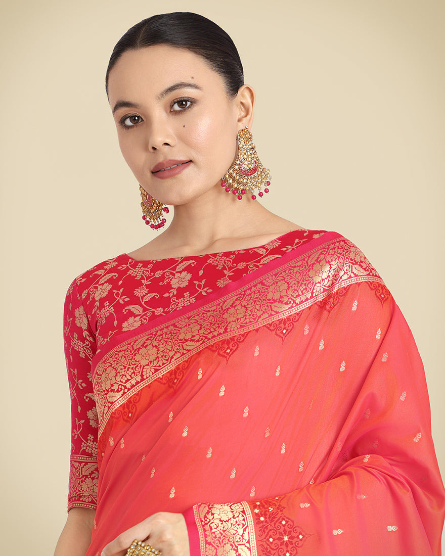 Monjolika Fashion Banarasi Silk Coral Pink Color Weaving Designer Saree | Swadesiicart