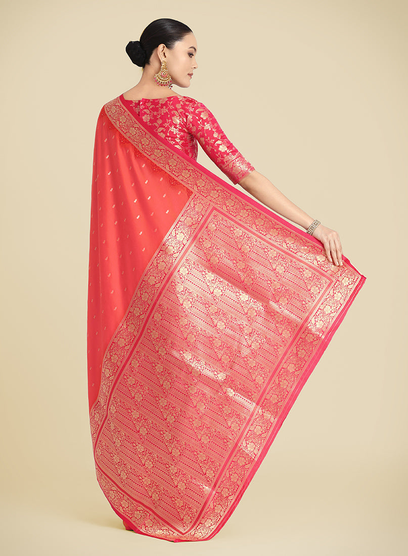 Monjolika Fashion Banarasi Silk Coral Pink Color Weaving Designer Saree | Swadesiicart