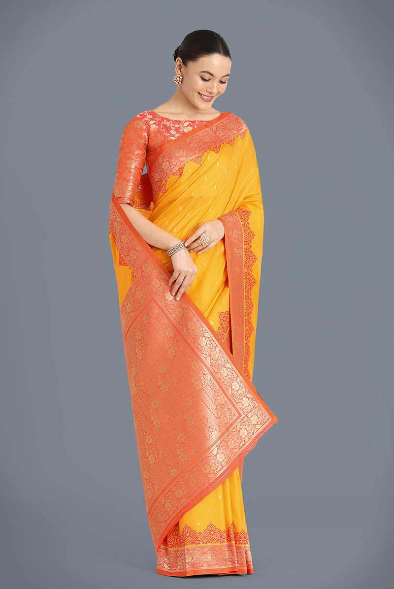 Monjolika Fashion Banarasi Silk Yellow Color Weaving Designer Saree | Swadesiicart