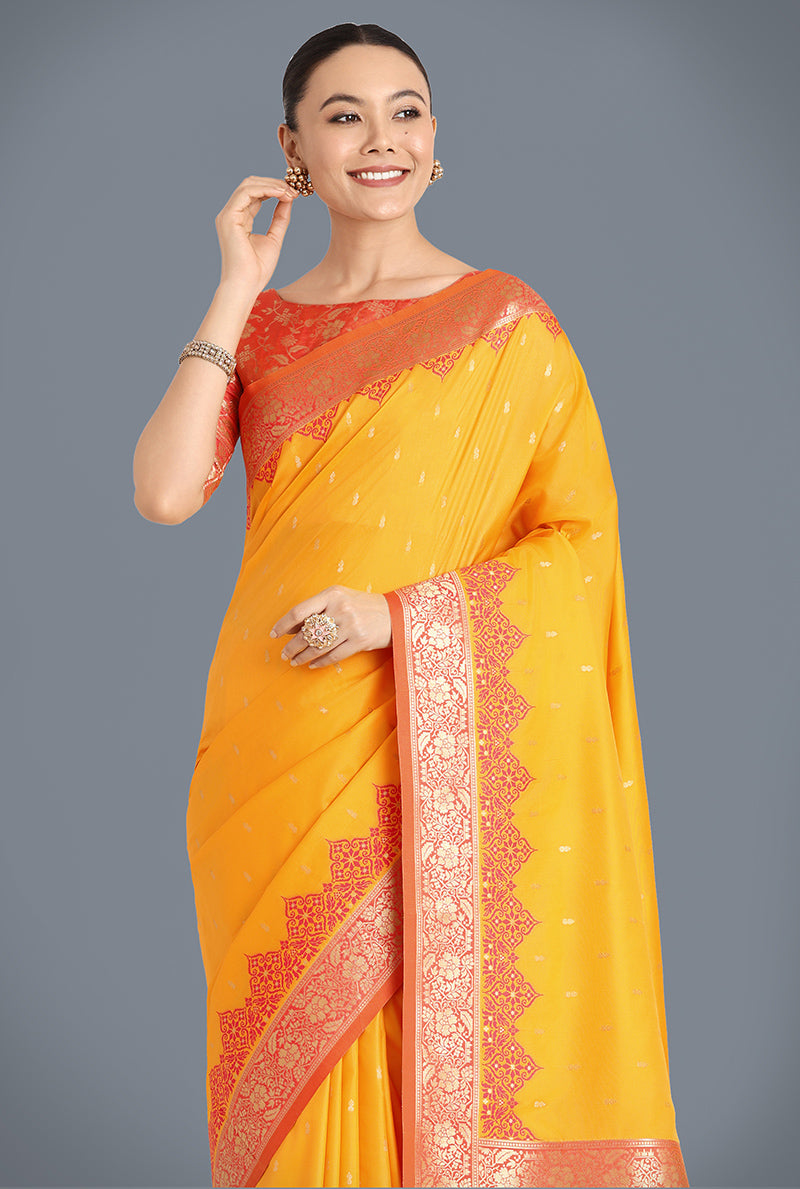 Monjolika Fashion Banarasi Silk Yellow Color Weaving Designer Saree | Swadesiicart