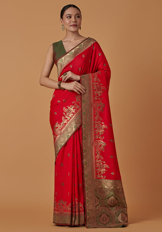 Monjolika Fashion Red Banarasi Silk Blend SareeWith Traditional & Modern Dulha Dulhan Figure Zari Woven Detailing | Swadesiicart