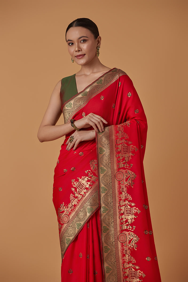 Monjolika Fashion Red Banarasi Silk Blend SareeWith Traditional & Modern Dulha Dulhan Figure Zari Woven Detailing | Swadesiicart