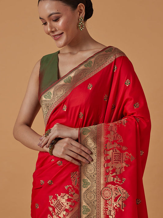 Monjolika Fashion Red Banarasi Silk Blend SareeWith Traditional & Modern Dulha Dulhan Figure Zari Woven Detailing | Swadesiicart