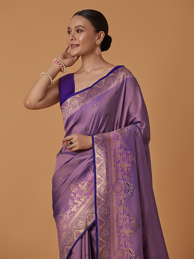 Monjolika Fashion Lavender Banarasi Silk Blend SareeWith Traditional & Modern Dulha Dulhan Figure Zari Woven Detailing | Swadesiicart