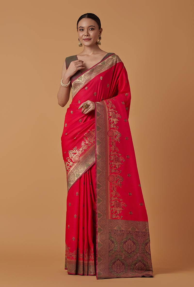 Monjolika Fashion Pink Banarasi Silk Blend SareeWith Traditional & Modern Dulha Dulhan Figure Zari Woven Detailing | Swadesiicart