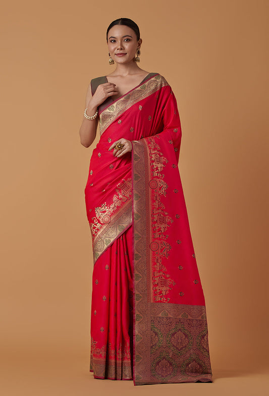 Monjolika Fashion Pink Banarasi Silk Blend SareeWith Traditional & Modern Dulha Dulhan Figure Zari Woven Detailing | Swadesiicart