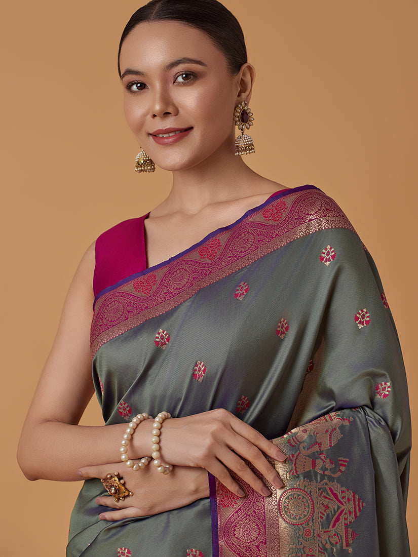 Monjolika Fashion Olive Banarasi Silk Blend SareeWith Traditional & Modern Dulha Dulhan Figure Zari Woven Detailing | Swadesiicart