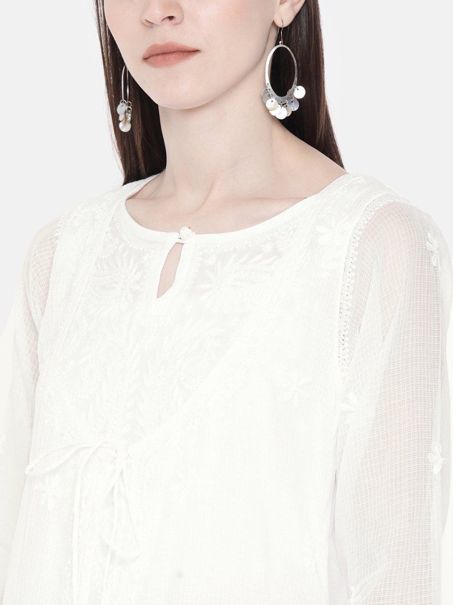 ADA Women White Embroidered Layered A-Line Chikankari Sustainable Kota Handloom Kurta | Swadesiicart