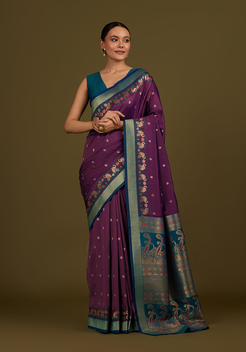 Monjolika Fashion Dark Purple Banarasi Silk Blend SareeIn Classic Paisley & Rich Zari Pallu Comes With Unstitched Blouse | Swadesiicart