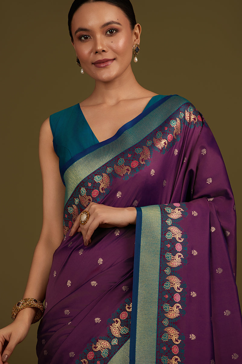 Monjolika Fashion Dark Purple Banarasi Silk Blend SareeIn Classic Paisley & Rich Zari Pallu Comes With Unstitched Blouse | Swadesiicart