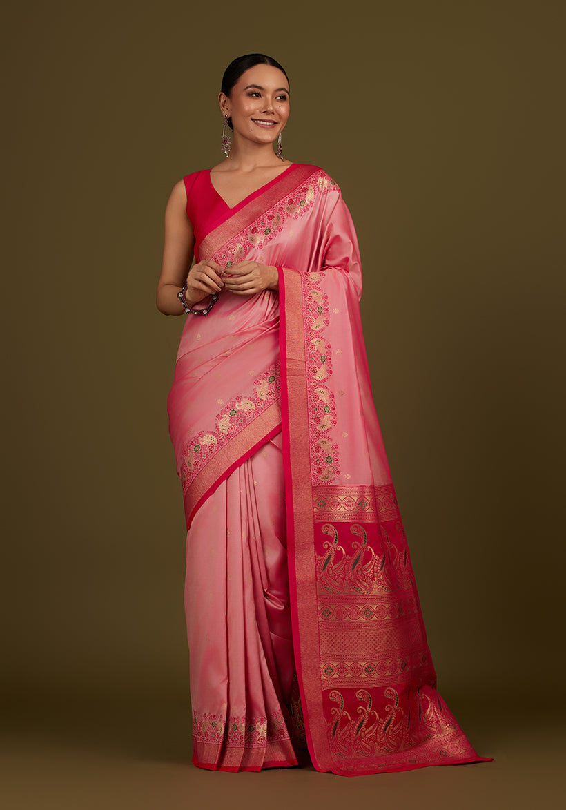 Monjolika Fashion Light Pink Banarasi Silk Blend SareeIn Classic Paisley & Rich Zari Pallu Comes With Unstitched Blouse | Swadesiicart