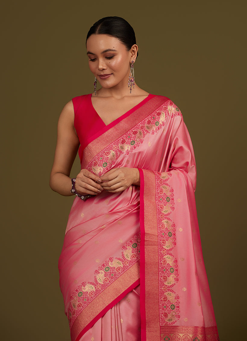 Monjolika Fashion Light Pink Banarasi Silk Blend SareeIn Classic Paisley & Rich Zari Pallu Comes With Unstitched Blouse | Swadesiicart