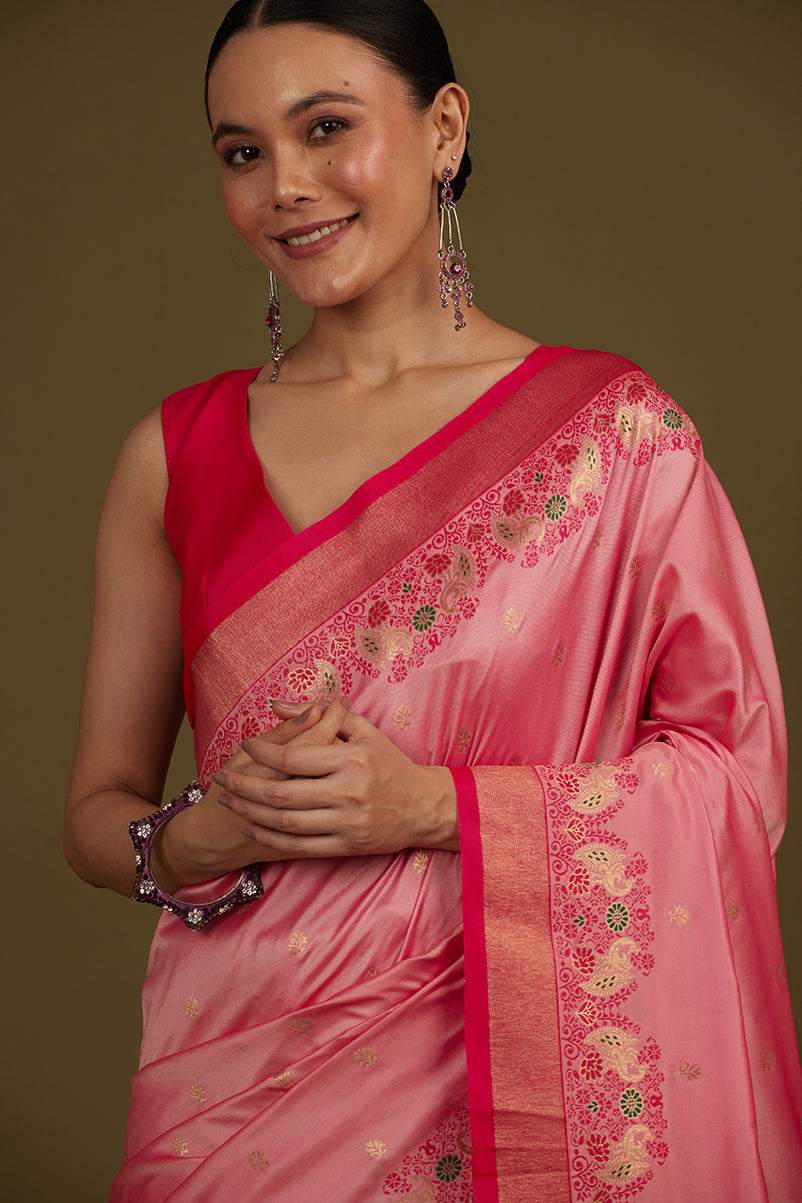 Monjolika Fashion Light Pink Banarasi Silk Blend SareeIn Classic Paisley & Rich Zari Pallu Comes With Unstitched Blouse | Swadesiicart